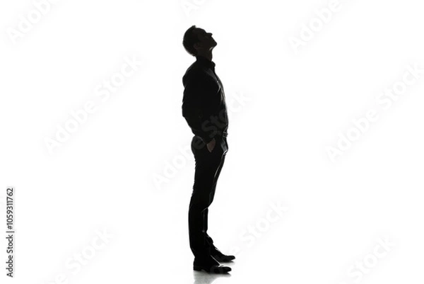 Obraz Caucasian businessman standing and looking up in studio.