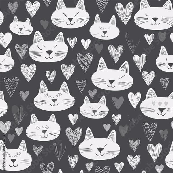 Fototapeta Cute Hand Drawn Cat Seamless Pattern