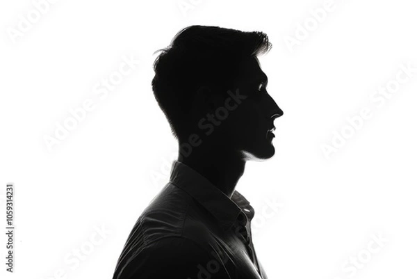 Fototapeta Silhouette of young man portrait in shirt with hand on studio isolated white background. Close up.
