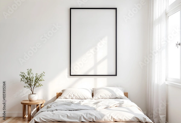 Fototapeta Mock up poster frame in Scandinavian interior and Natural Decor background, bedroom, minimalistic style, template
