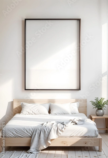 Fototapeta Mock up poster frame in Scandinavian interior and Natural Decor background, bedroom, minimalistic style, template
