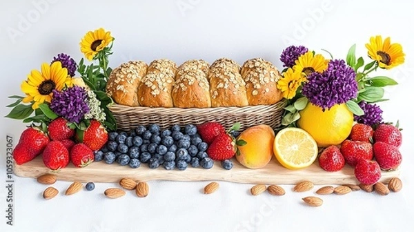 Fototapeta A rustic multigrain bread displayed in a woven basket, surrounded by fresh fruits and nuts, creating a wholesome breakfast spread on a natural linen tablecloth.