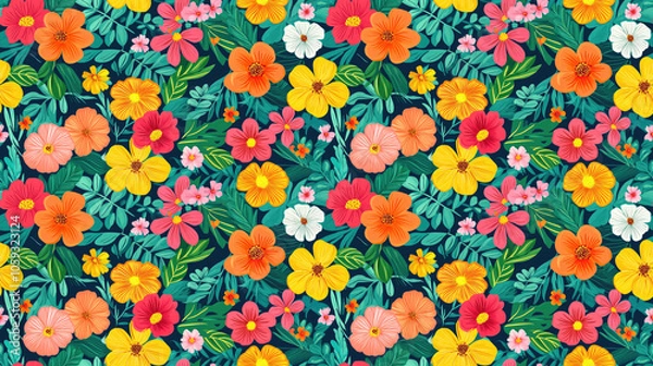 Fototapeta Seamless pattern of blooming flowers with intricate leaf designs perfect for fabric and wallpaper applications