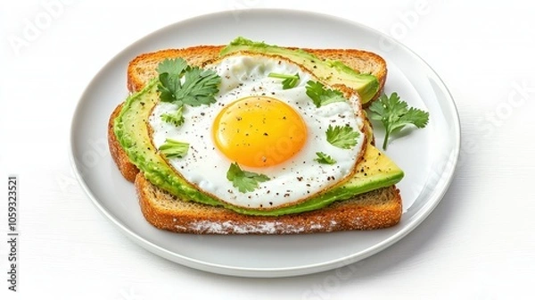 Fototapeta A stylish overhead view of a plate of avocado toast with a fried egg, drizzled with olive oil and topped with fresh cilantro, against a minimalistic white background, emphasizing the dish's elegance.