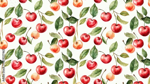 Fototapeta Watercolor cherries and green leaves forming a seamless pattern on a white background ideal for textile design and fresh decor
