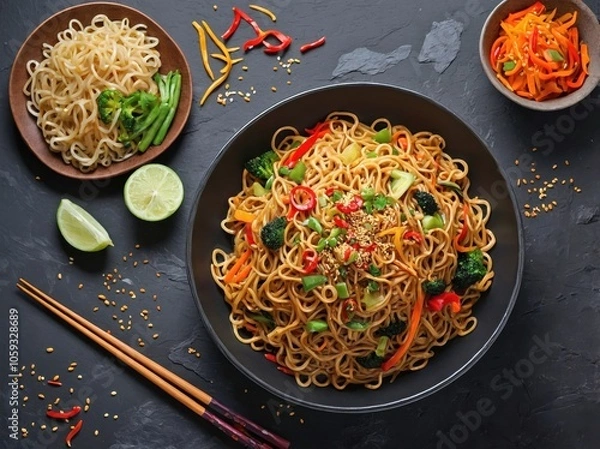 Fototapeta Overhead View of Chow Mein on Slate Background