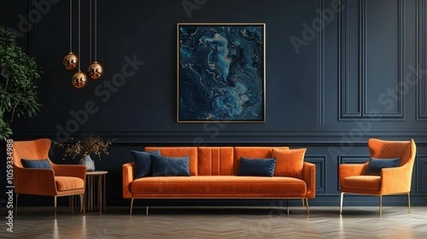Fototapeta Elegant Living Room with Orange Sofa and Blue Accents and dark walls. Features abstract wall art and sophisticated decor