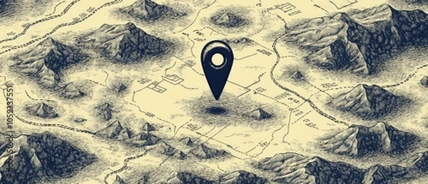 Fototapeta A black pin on a vintage map with mountains and valleys.