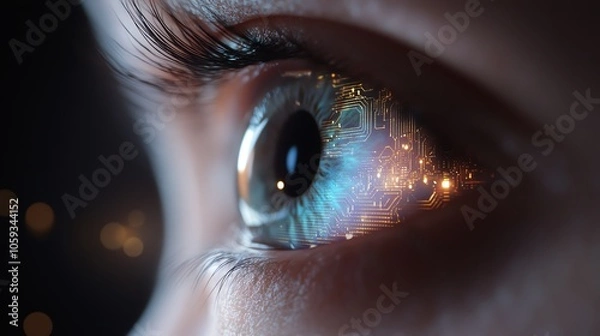 Fototapeta A close-up of a human eye showcasing intricate details and vibrant colors, reflecting a sense of wonder and depth.