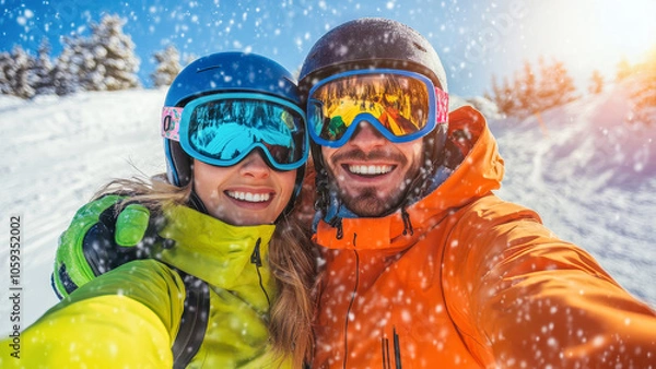 Fototapeta Couple taking selfie while skiing on sunny day in winter, background is snowy landscape with blue sky and bright sun rays. 