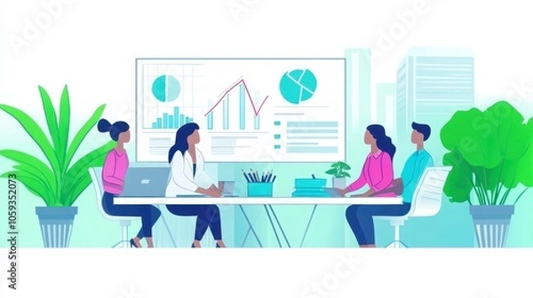 Fototapeta Business team in a meeting room with charts on net-zero carbon goals, illustrating corporate sustainability strategy