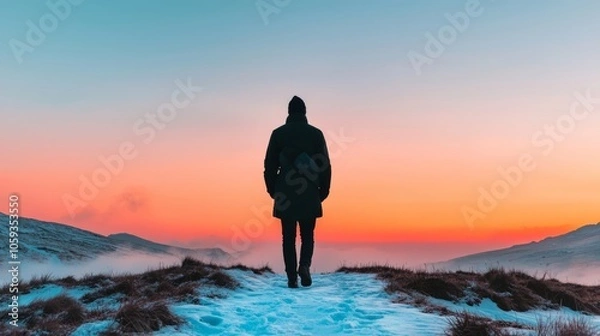 Fototapeta A lone figure walks towards the horizon, bathed in the soft glow of a colorful sunrise over a snow-covered landscape.