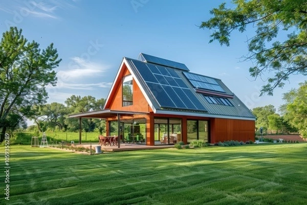 Fototapeta Modern Autonomous Barn House with Solar Panels in a Scenic Rural Setting