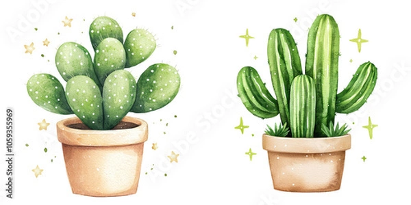 Fototapeta Two charming potted cacti with vibrant green leaves, accented by twinkling stars., watercolor, clipart, isolated on transparent background.