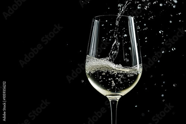 Fototapeta Close-up of sparkling white wine being poured into a glass against a black background, capturing bubbles and splashes in high detail.