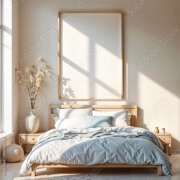 Fototapeta Mock up poster frame in Coastal interior background and Relaxed Decor, bedroom, minimalistic style, template
