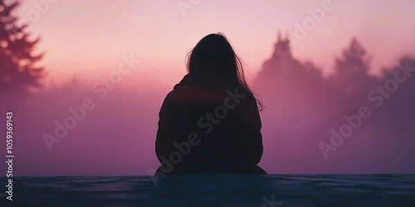 Fototapeta Silhouetted figure sits quietly, surrounded by serene misty dawn hues, evoking thoughts of solitude and reflection.