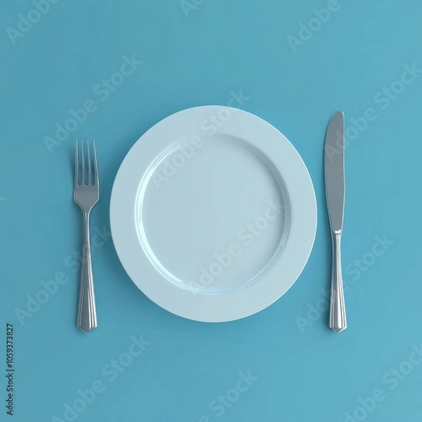 Fototapeta Minimalistic Dining Setting with Plate, Knife, and Fork on Turquoise Background
