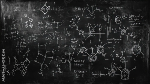 Fototapeta Blackboard Full of Science Equations and Molecular Diagrams