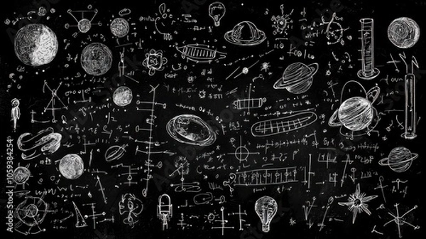 Fototapeta Blackboard with Complex Equations and Academic Illustrations