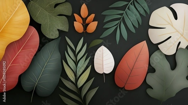 Fototapeta A vibrant arrangement of assorted leaves showcasing diverse shapes and colors on a dark background, perfect for nature-themed designs.