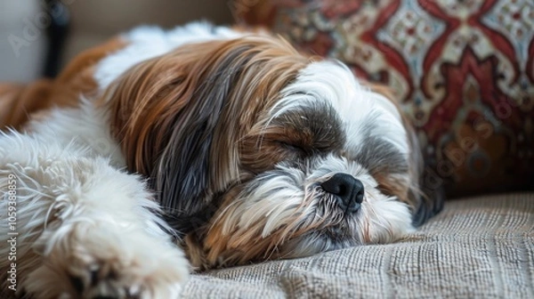 Fototapeta A relaxed Shih Tzu naps comfortably on a detailed patterned cushion, capturing a moment of peace and cuteness in an intimate home atmosphere.