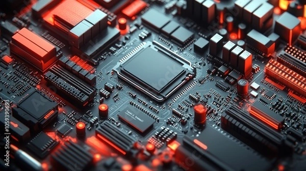 Fototapeta Closeup of a Motherboard with Red Lights