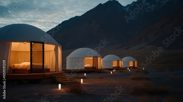 Fototapeta Mountain Yurts Illuminated at Dusk