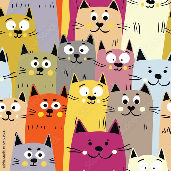 Obraz Seamless pattern with cute kitten print. Different scandy cats on color background. Scandinavian style illustration for kids. Vector illustration for fabric, textile, wallpaper, home clothing, pajama