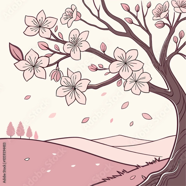 Fototapeta A beautiful illustration of a cherry blossom tree with delicate pink flowers and falling petals. The tree is set against a backdrop of rolling hills, creating a tranquil and serene scene.