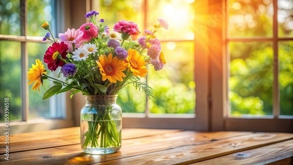 Fototapeta A colorful bouquet of flowers in a delicate glass vase on a wooden table with morning sunlight filtering through the window, sunlit, flower stand, fresh cut, arrangement