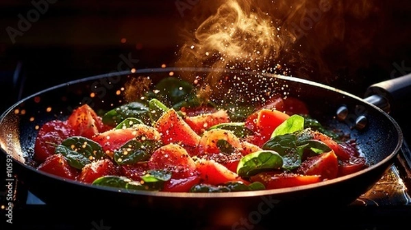 Fototapeta   A frying pan brimming with juicy tomatoes and verdant spinach, artfully garnished with a pinch of savory seasoning
