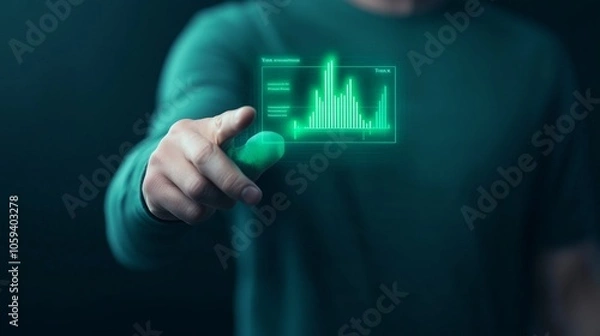 Fototapeta Financial advisor presenting tax planning strategies on holographic displays, dark background, glowing neon green, clean modern design