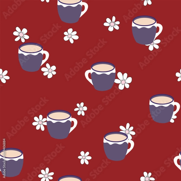 Fototapeta Abstract seamless pattern with color cups. Kitchen doodle background. Design for poster, fabric, textile