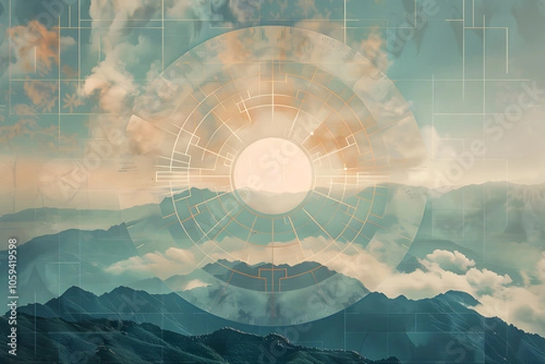Fototapeta Intricate Representation of I Ching and Kua Number Principles Blended with Oriental Scenery