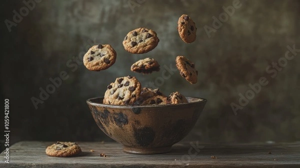 Obraz Chocolate chip cookies falling into rustic bowl