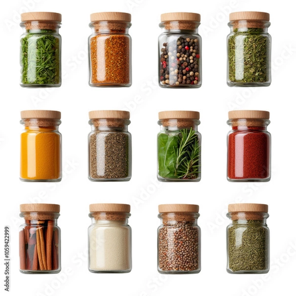 Fototapeta A collection of assorted spices in glass jars with wooden lids, arranged in a neat grid isolated on PNG transparent background