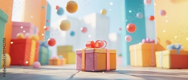 Fototapeta A single pink and orange gift box with a red ribbon sits on a wooden floor with other colorful gift boxes in the background,  surrounded by a blur of colorful spheres and confetti.