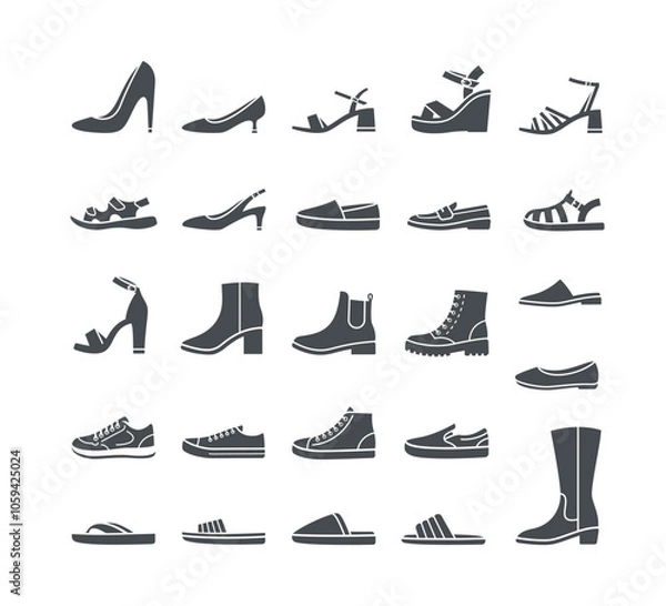 Obraz Women shoes collection. Basic types of footwear for lady. High heels, sandals, boots, flats, loafers, slippers. Simple solid silhouette icons for clothing shop. Side view pictograms, isolated