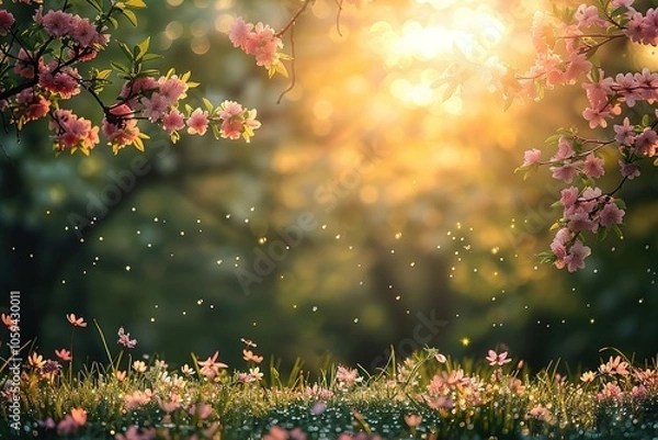 Fototapeta A beautiful field of pink flowers with a bright sun shining on them