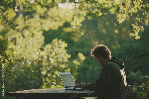 Fototapeta Young man in a park sitting with a laptop, working intently in a natural setting with lush green surroundings. Concept of remote work and connection with nature.