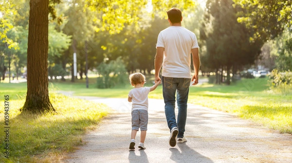 Fototapeta Father and child holding hands while walking in a sunny park, representing family bonding and quality time outdoors. Bright green nature surrounds them.