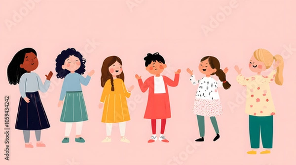 Fototapeta Diverse young girls happily interacting in colorful setting