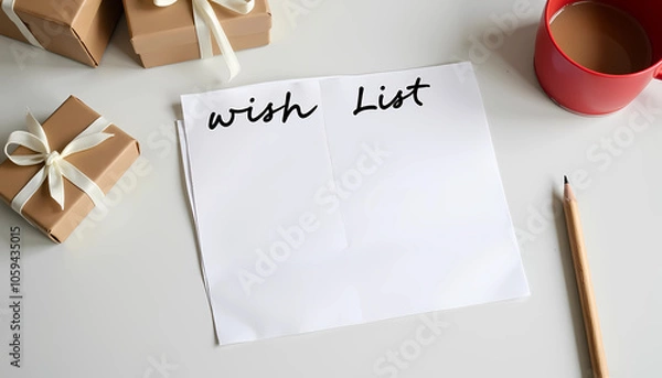 Fototapeta Handwritten wishlist note with gifts and coffee on table