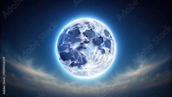 Fototapeta Close-up of a full moon with a halo of light against a dark blue background, optics, glowing