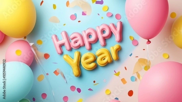 Fototapeta Whimsical 'Happy New Year 2025 text in playful cartoon style, colorful confetti and balloon backdrop, joyful energy