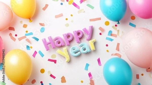 Fototapeta Whimsical 'Happy New Year 2025 text in playful cartoon style, colorful confetti and balloon backdrop, joyful energy