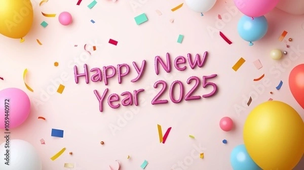 Fototapeta Whimsical 'Happy New Year 2025 text in playful cartoon style, colorful confetti and balloon backdrop, joyful energy