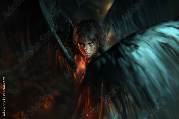 Obraz Beautiful harpy girl with wings on a dark background.