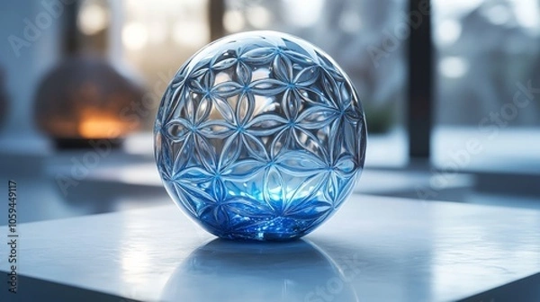 Fototapeta Blue glass sphere shining on table with flower of life pattern